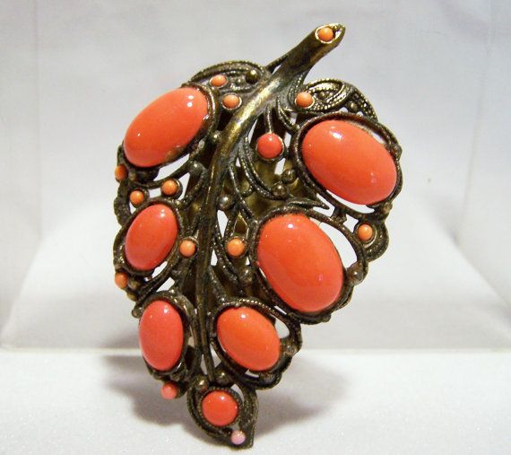 vintage new england glass works faux coral leaf dress clip brooch new england glass works