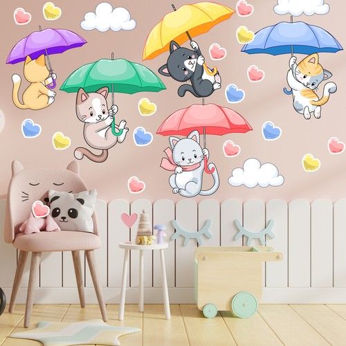 Kırmızı Şemsiyeli Kedi:31 cm - 31 cm; Mor Şemsiyeli Kedi:29 cm- 30 cm; Sarı Şemsiyeli Kedi:35 cm-34 cm; Mavi şemsiyeli Kedi 36 cm - 36 cm; Yeşil Şemsiyeli Kedi:27 cm -26,5 cm; 17 cm 2 Adet Bulut; 13 cm 1 Adet Bulut; 21 Adet 5 cm Pembe Kalp; 4 Adet 4 cm Pembe Kalp; 7 Adet 5 cm Mavi Kalp; 7 Adet 5 cm Sarı Kalp; Özel latex makinalarda üretilen stickerlar piyasada satılan pek çok stickerdan farklı olarak 150 mikron birinci kalite pvc folyolara basılmaktadır. ; (incelerseniz piyasadaki baskıların 50