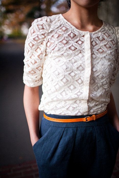 Lace top + brown belt + skirt = love