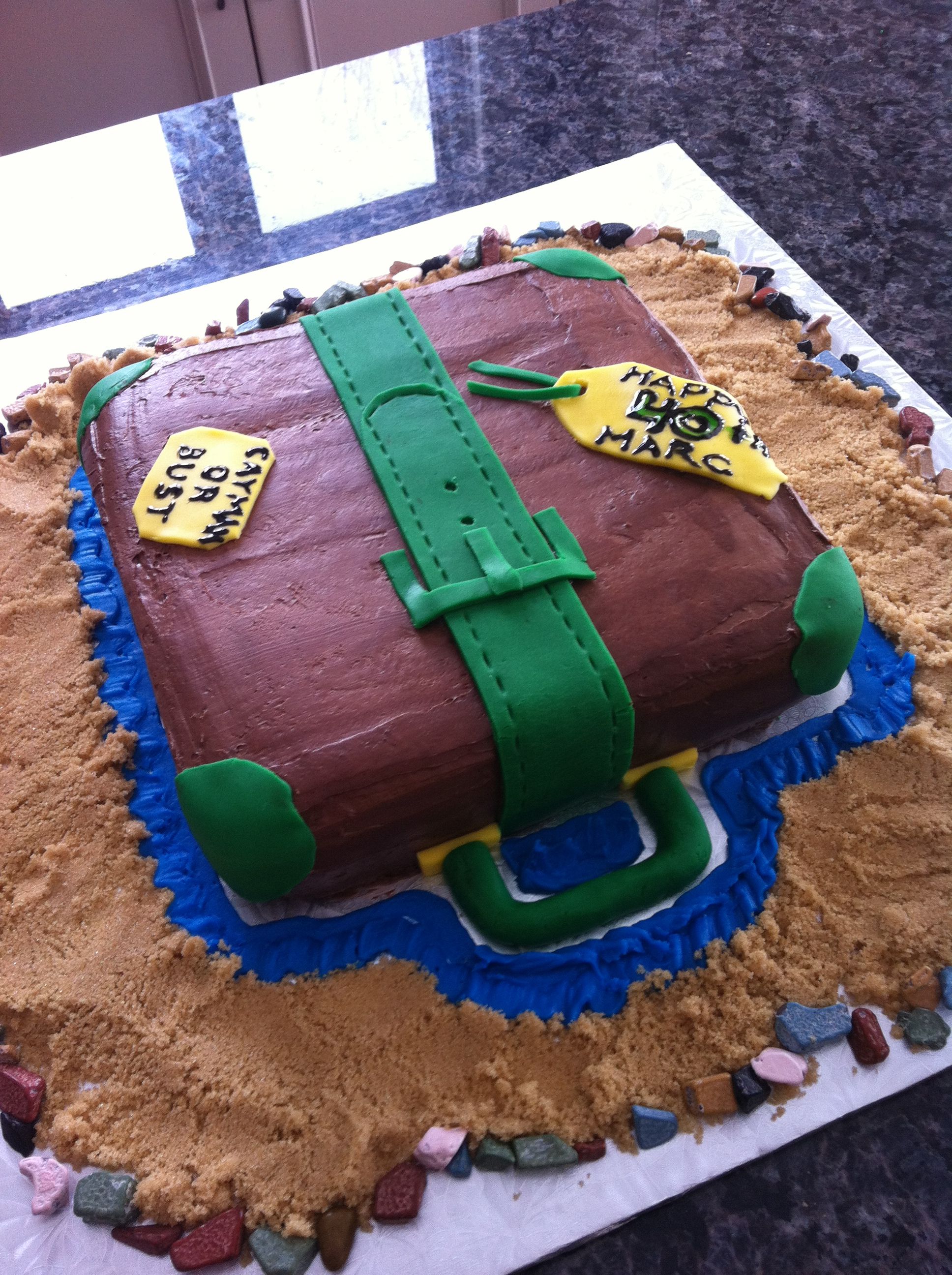 Going Away Cake...Use a 9x13 cake, iced in chocolate, and