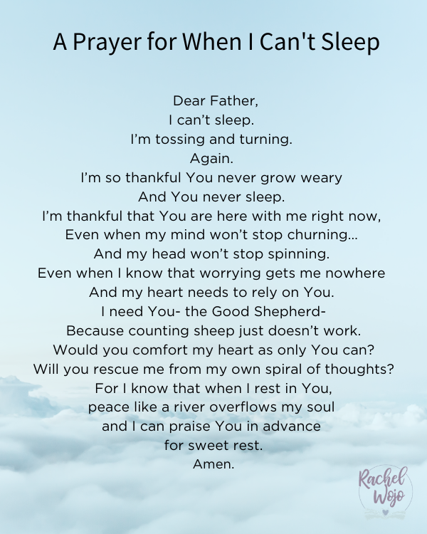 A Prayer for When I Can't Sleep - RachelWojo.com Prayer Scriptures, Faith Prayer, Prayer Quotes, Scripture Quotes, Wisdom Quotes, Bible Verses, Faith Quotes, Prayer Prayer, Serenity Prayer