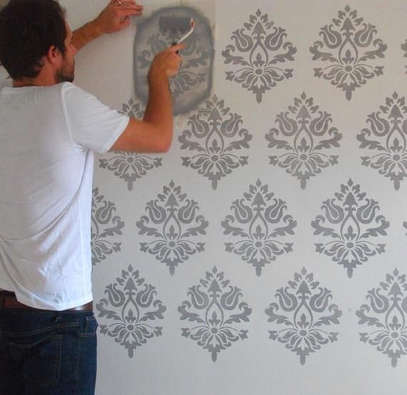Damask Wall Stencil Home Decor & Craft Stencil Paint Pattern | Etsy Damask Wall Decor, Damask Wall Stencils, Wall Stencil Patterns, Wallpaper Stencil, Custom Stencils, Stencil Designs, Painting Patterns, Paint Designs, Wall Painting Techniques