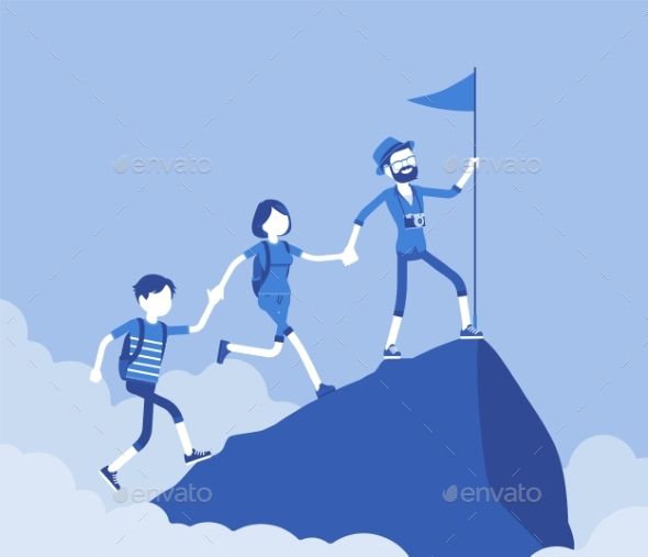 Group Of Tourists Conquering Mountain Top Group Of Tourists Conquering Mountain Top