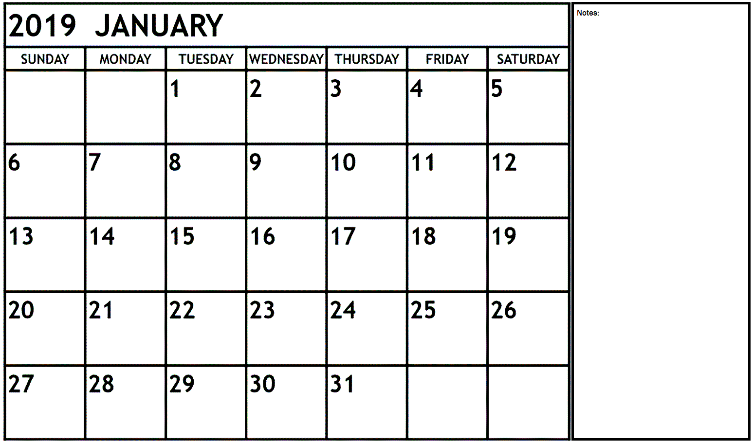 january-2019-calendar-with-notes-printable-calendar-calendar2019