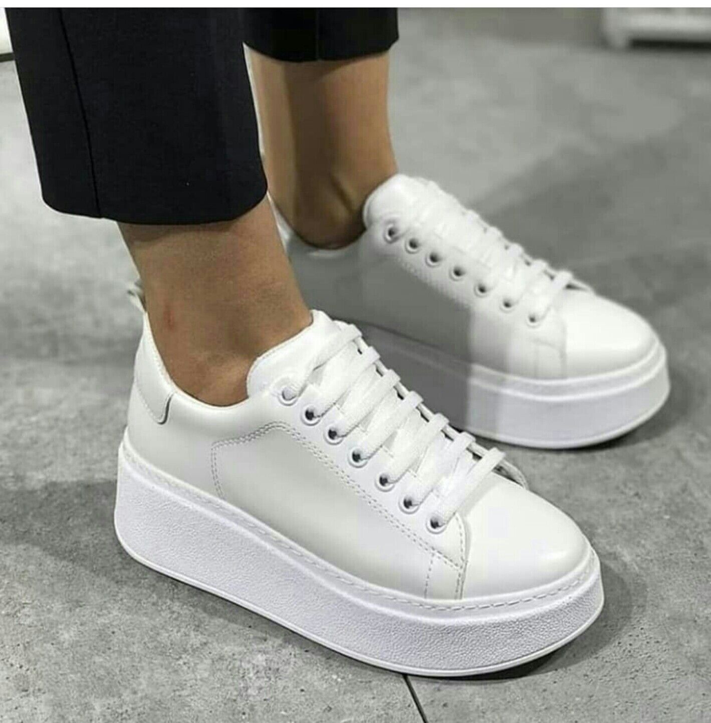 Dolgu Topuk Beyaz 6 Cm Okce Pu Deri White Sneaker Fashion Shoes