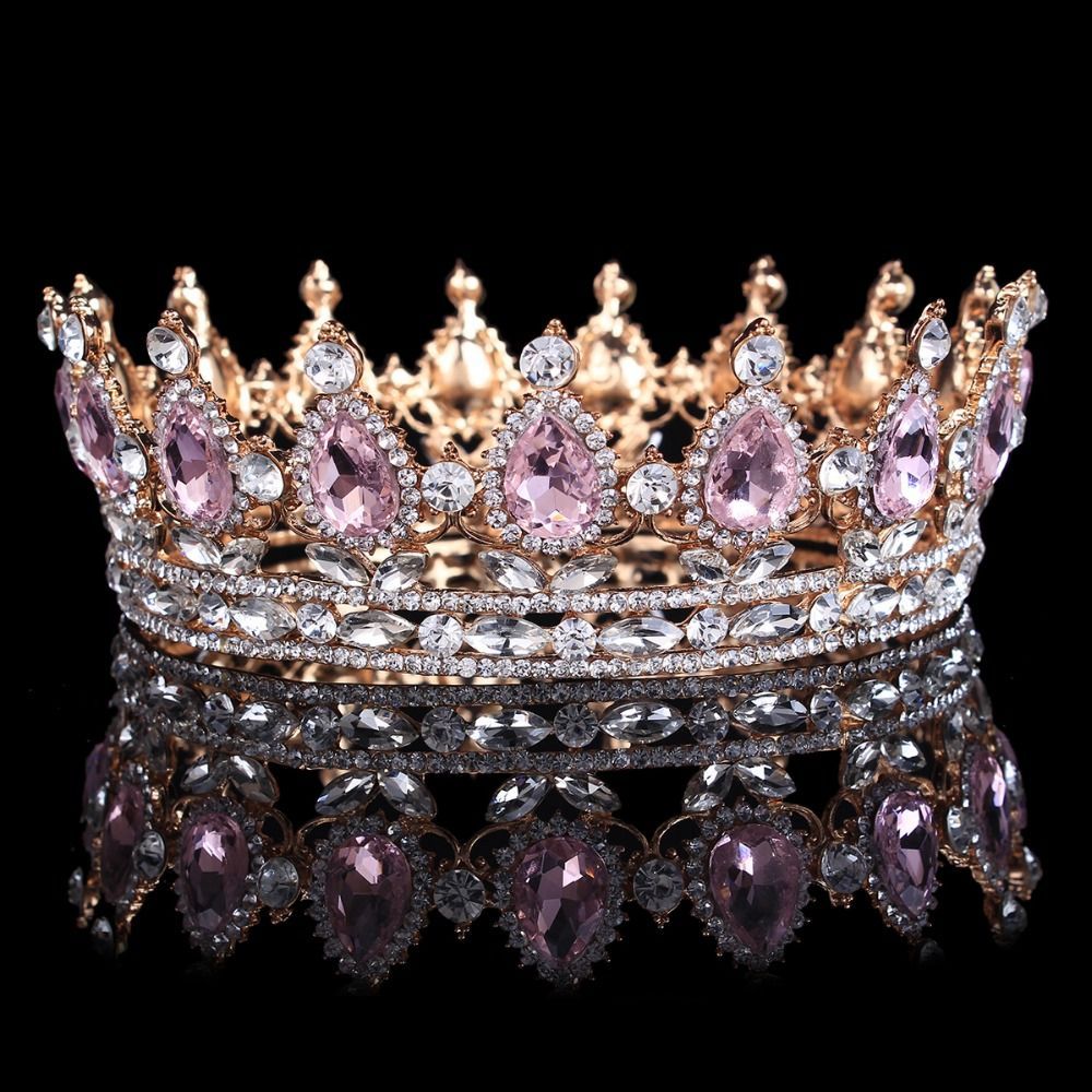 Hot sale New Fashion Elegant Pink Crystal Bridal crown classic Gold Tiaras for W...