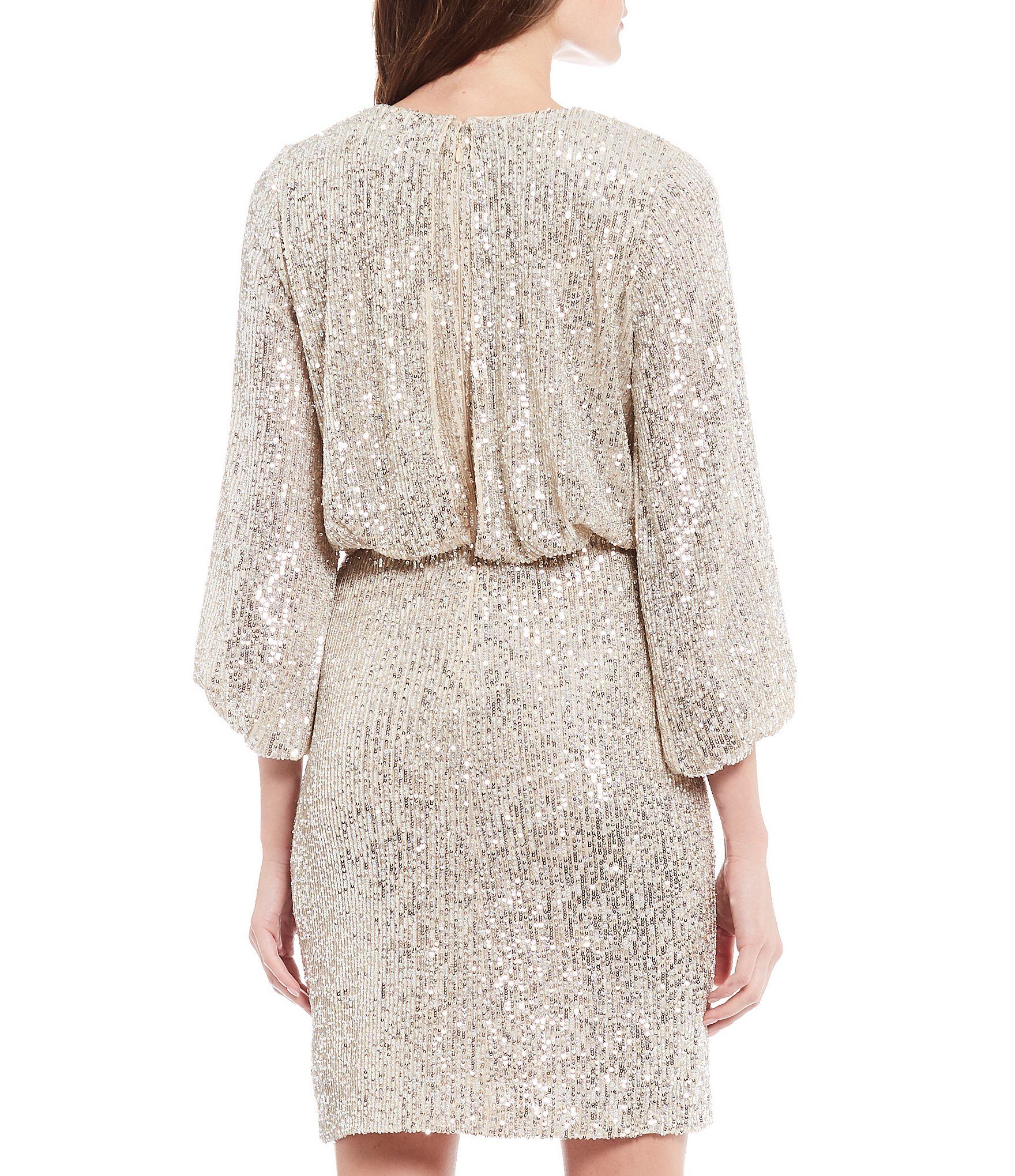 Eliza J Allover Sequin Faux Wrap Blouson Dress | Dillard's | White sequin dress, Dresses, Sequin