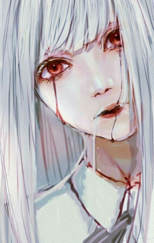 Anime Girl • White Hair Red Eyes • Bloody Sad Anime, Manga Anime