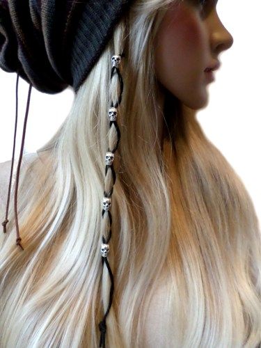 Silver Skull Beads Black Leather Hair Ties Wraps Jewelry Silver Skull Beads Black Leather Hair Ties Wraps Jewelry Suede