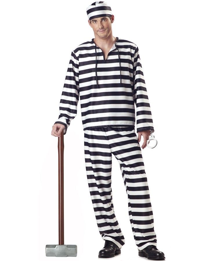Classic Crook Men/'s Halloween Costume Jailbird Convict Striped Prisoner Jumpsuit