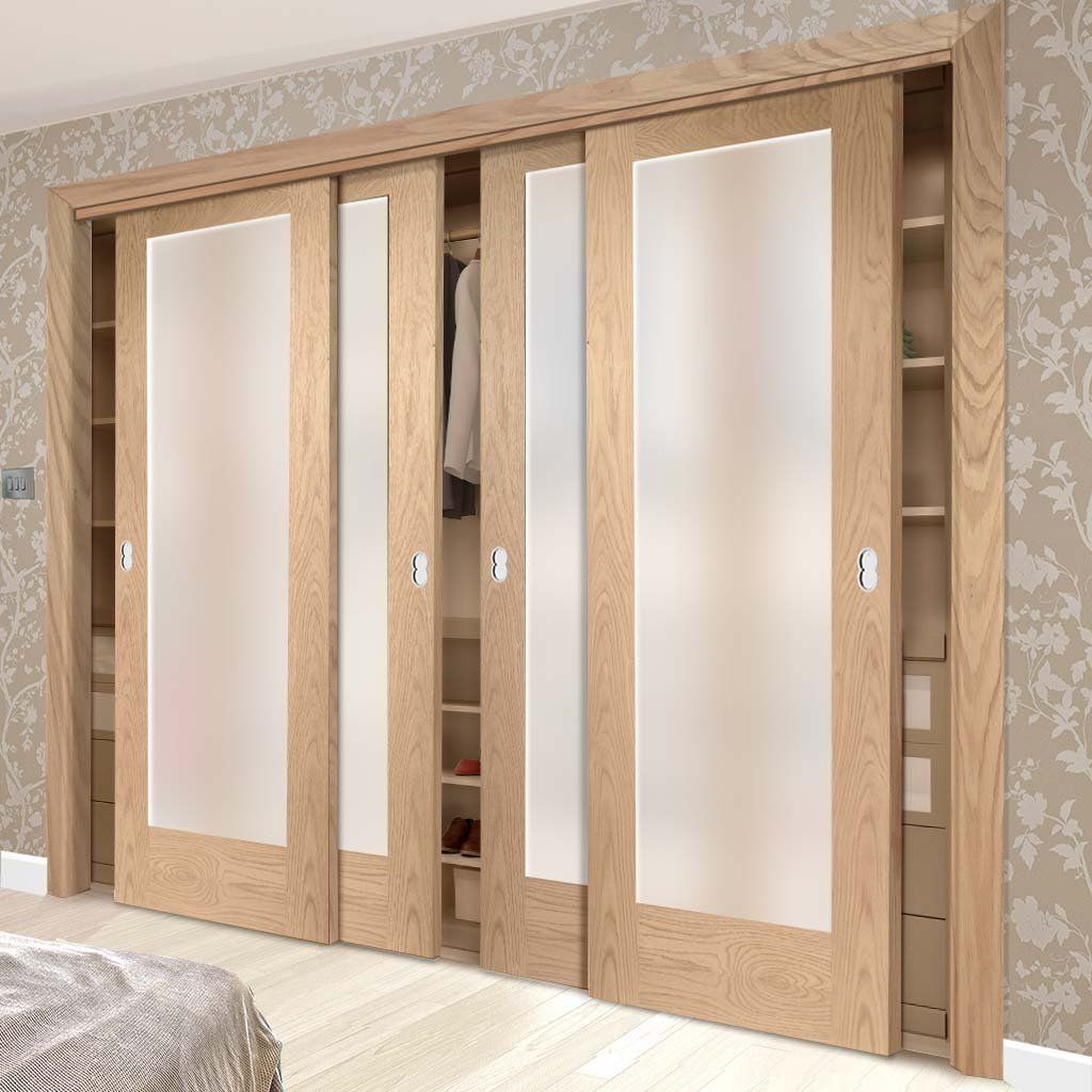 Four Sliding Wardrobe Doors Frame Kit Pattern 10 Oak Shaker Door Obscure Glass Prefinished Slaapkamer Interieur Garderobe Ontwerp Woonideeën