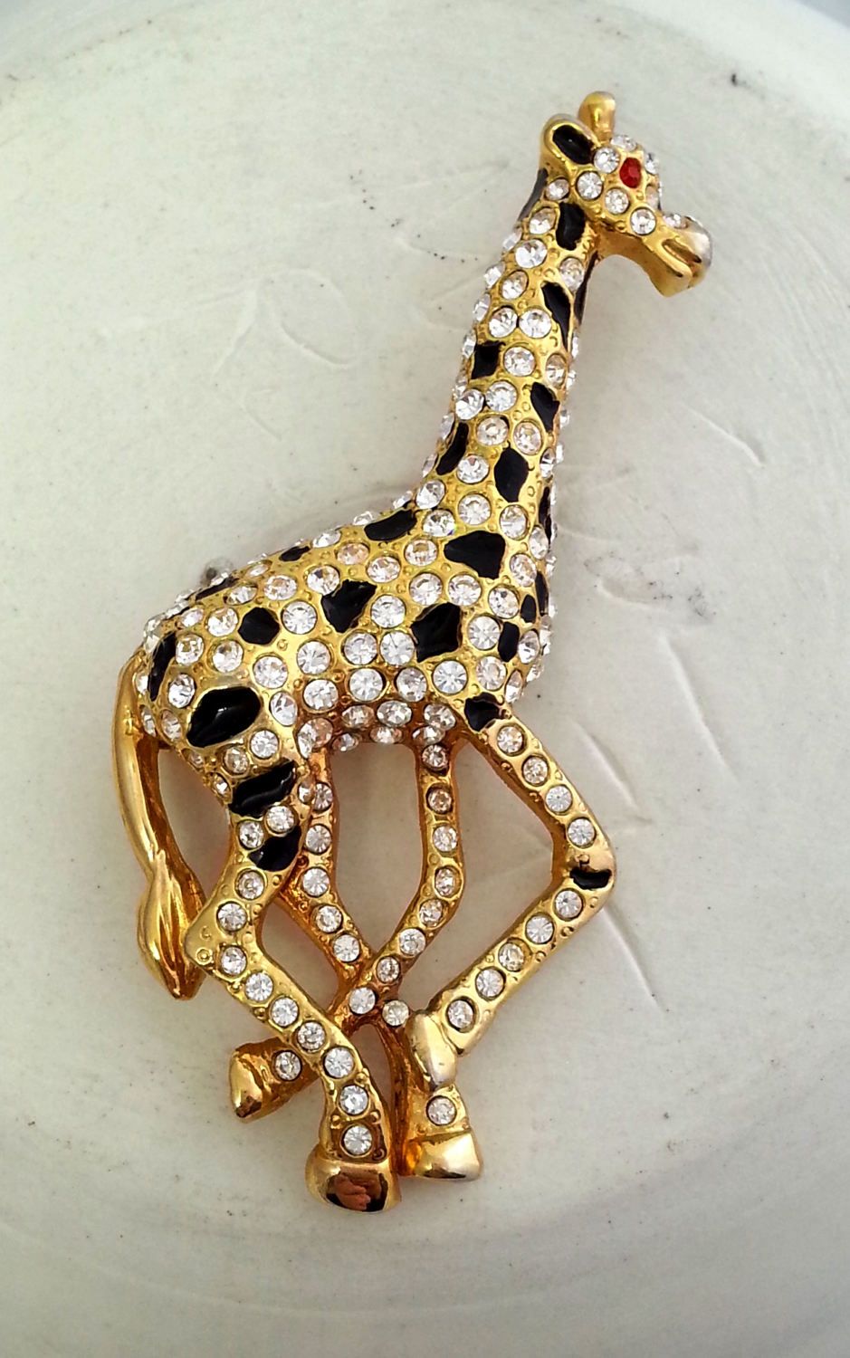 Vintage Giraffe with Rhinestone Eyes Signed pin brooch
