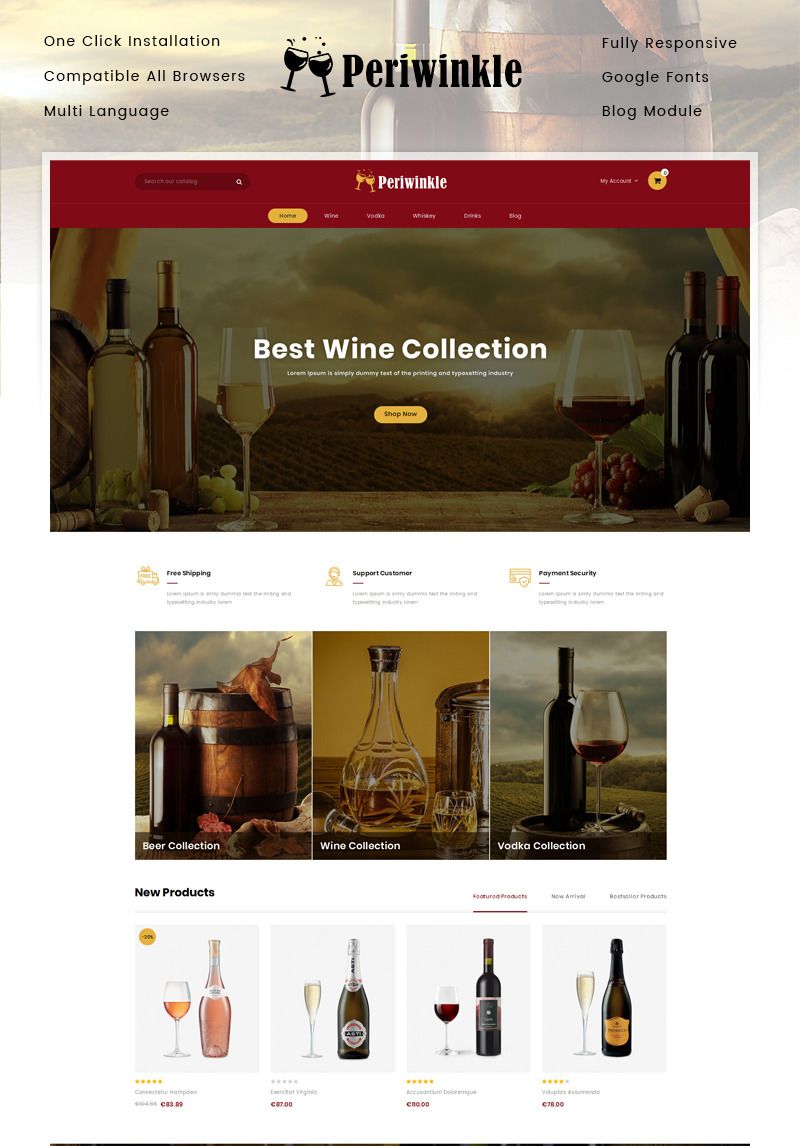 Periwinkle Wine Store Prestashop Responsive Theme is designed for wine, drink, tobacco, bakery, fruit, grocery, organic, vegetables, pizza, coffee, food, Graphic Design Art, Web Design, Quick Store, Restaurant Website Templates, Beer Collection, Seo Basics, Simple Menu, Opencart, Seo Optimization