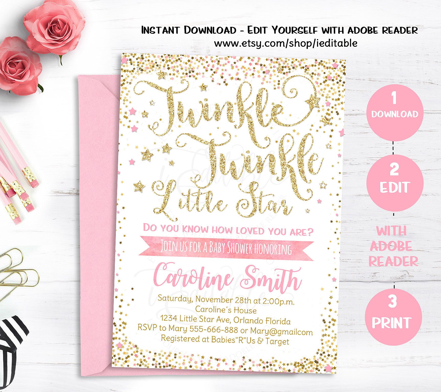 twinkle twinkle little star baby shower invitation pink and gold editable star template