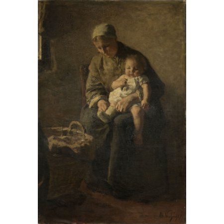Home Decor Art Quality Canvas Print,Oil Painting Mother and Child Books 18x24