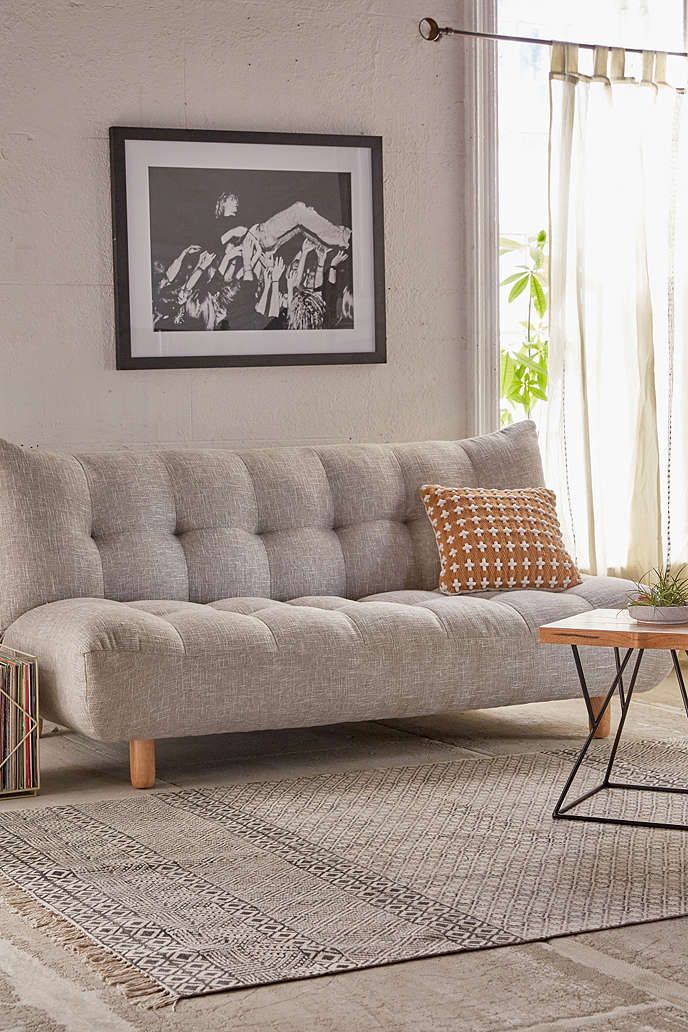 Super soft + comfy sofa ($598). With tufted detailing in a modern curved design. Set on a wood frame with simple cylindrical wood legs. Back folds down to reveal a generous place to sleep.. Sofa Bar, Low Profile Sofa, Daybed Sofa, Futon Bedroom, Armless Sofa, Sofa Sleeper, Tufted Sofa, Modern Sleeper Sofa, Sectional Sofas
