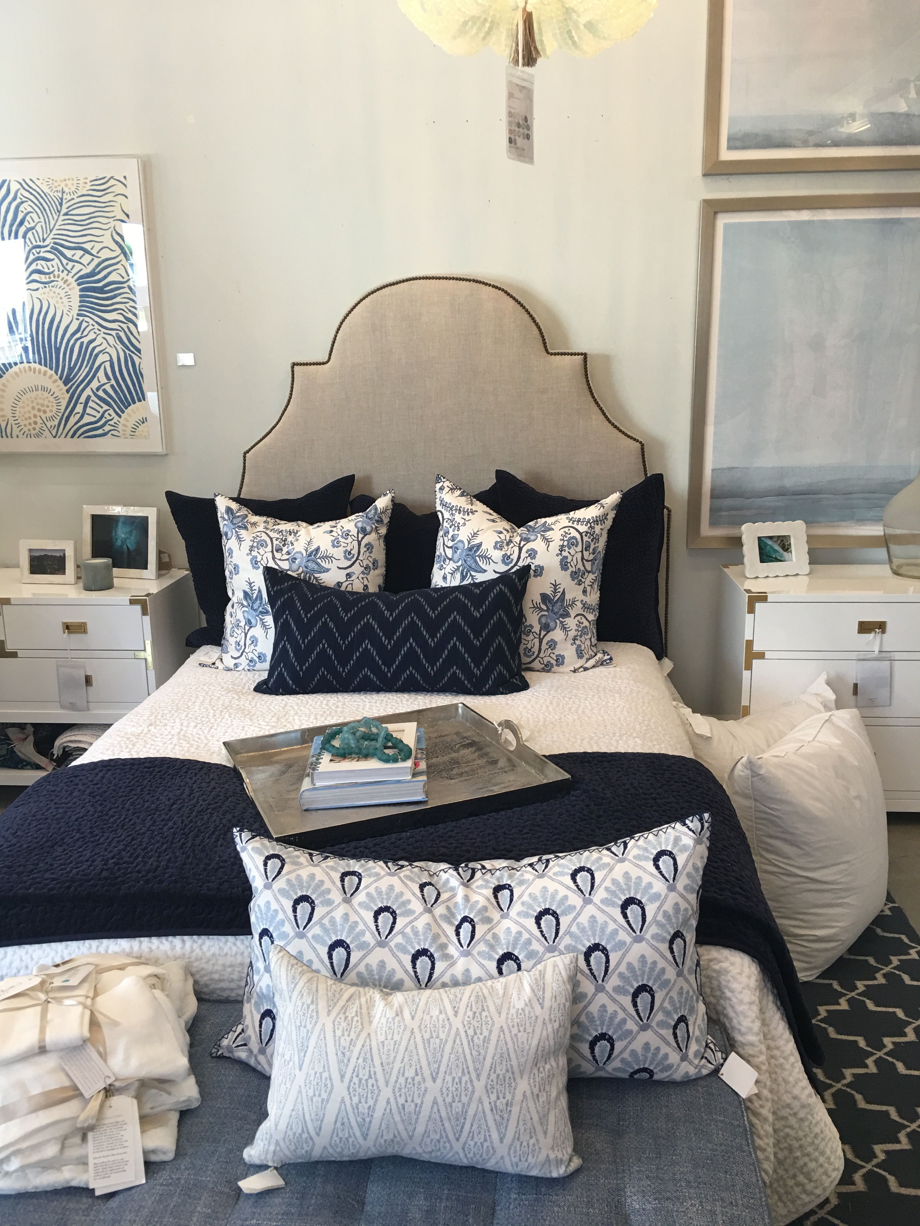 Love the navy and white bedding at Waterleaf MB, John Robshaw White