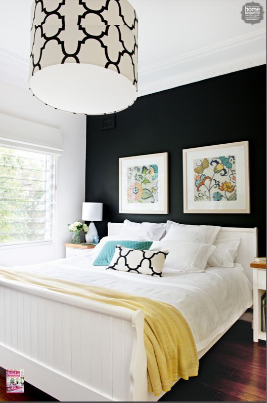 Love This Look But I Think I Would Go With A Very Dark Navy Instead Of Black On That Accent Wall Home Decor Home Bedroom Bedroom Design