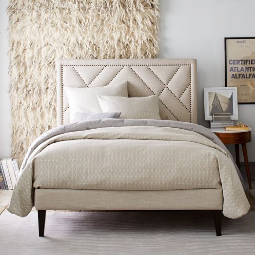 Narrow Leg Upholstered Bed Queen Linen Weave Natural Our Patterned Nailhead Bed Set Brings Together Some Of Most Por Furniture Features Trim Rich Upholstery And Narrow Wooden Legs All For A