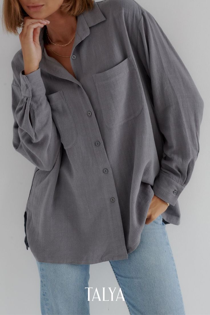 Koszula szara krój oversize. Kieszenie na przodzie. Peacoat, Raincoat, Trendy, Blouse, Long Sleeve, Model, Sleeves, Jackets, Women's Top
