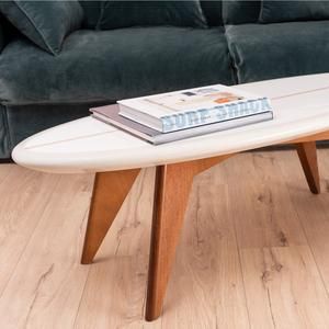 surfboard coffee table the one salty design furniture beach house decor Coffee Table Design, Decorating Coffee Tables, Home Decor Furniture, Cool Furniture, Surf Style Home, Table Plancha, Surfboard Coffee Table, Marine Plywood, Surf Decor