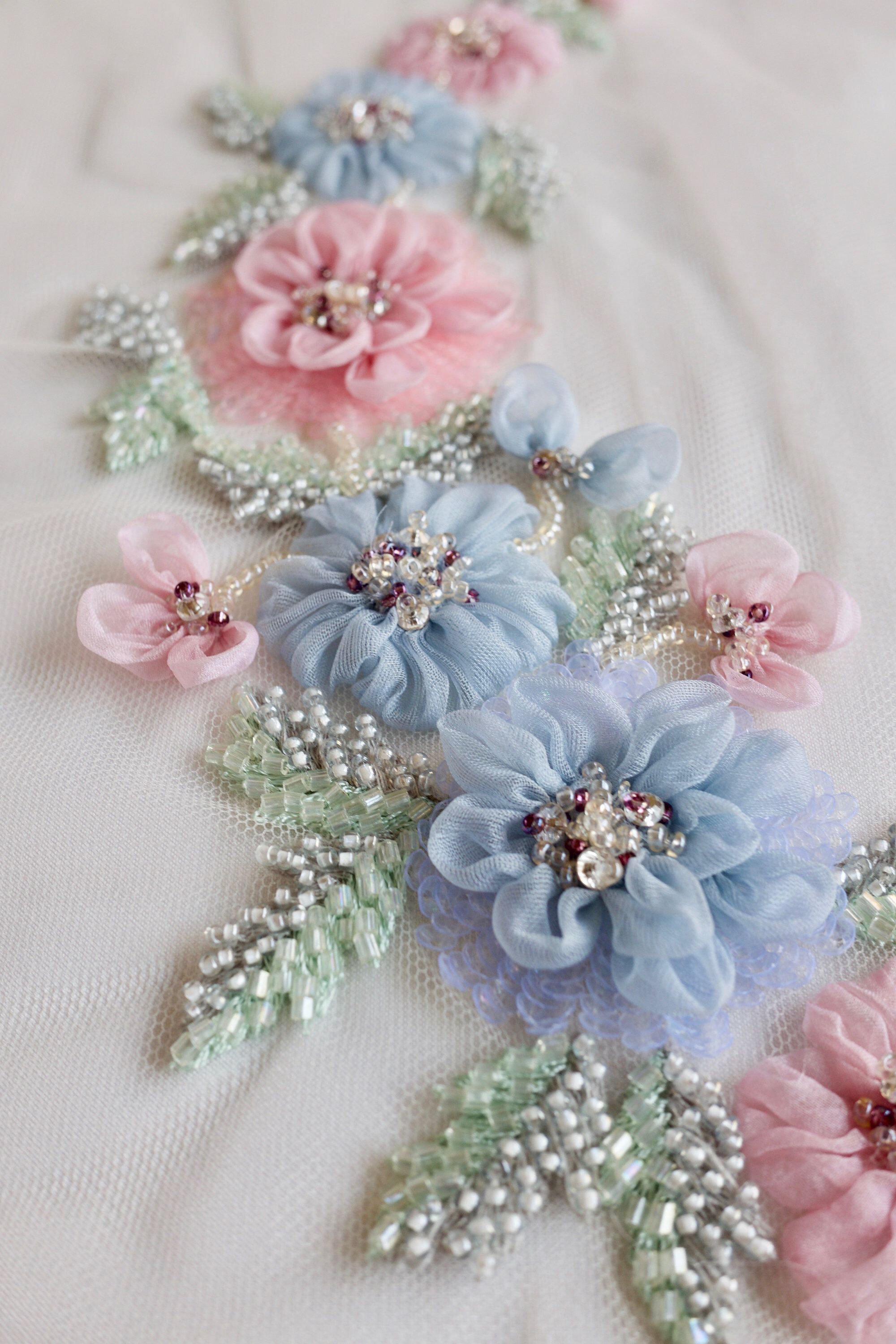 Hand Made Floral Applique In The Pastels Of Spring Silk Ribbon