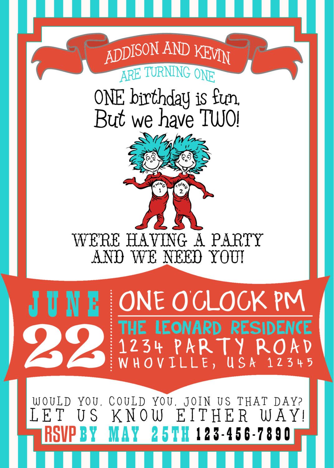 dr suess thing 1 thing 2 birthday invitation by invitations for birthdays