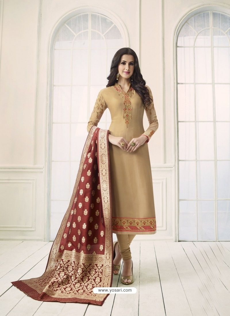 Beige Georgette Embroidered Designer Churidar Suit Indian Attire, Indian Ethnic Wear, Heavy Dresses, Dresses With Sleeves, Indian Dresses, Indian Outfits, Indian Clothes, Designer Wear, Designer Dresses
