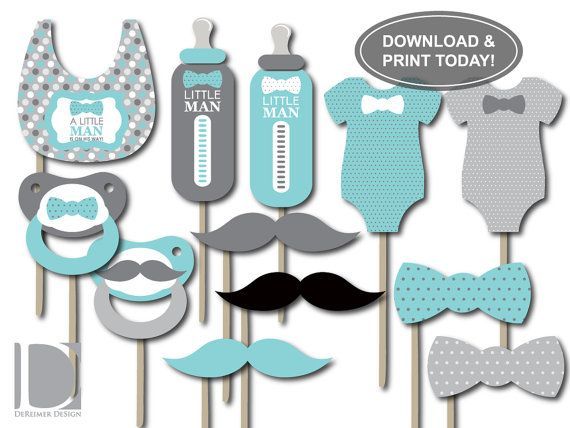 Little Man Photo Booth Props In Blue And Gray Baby Shower Props
