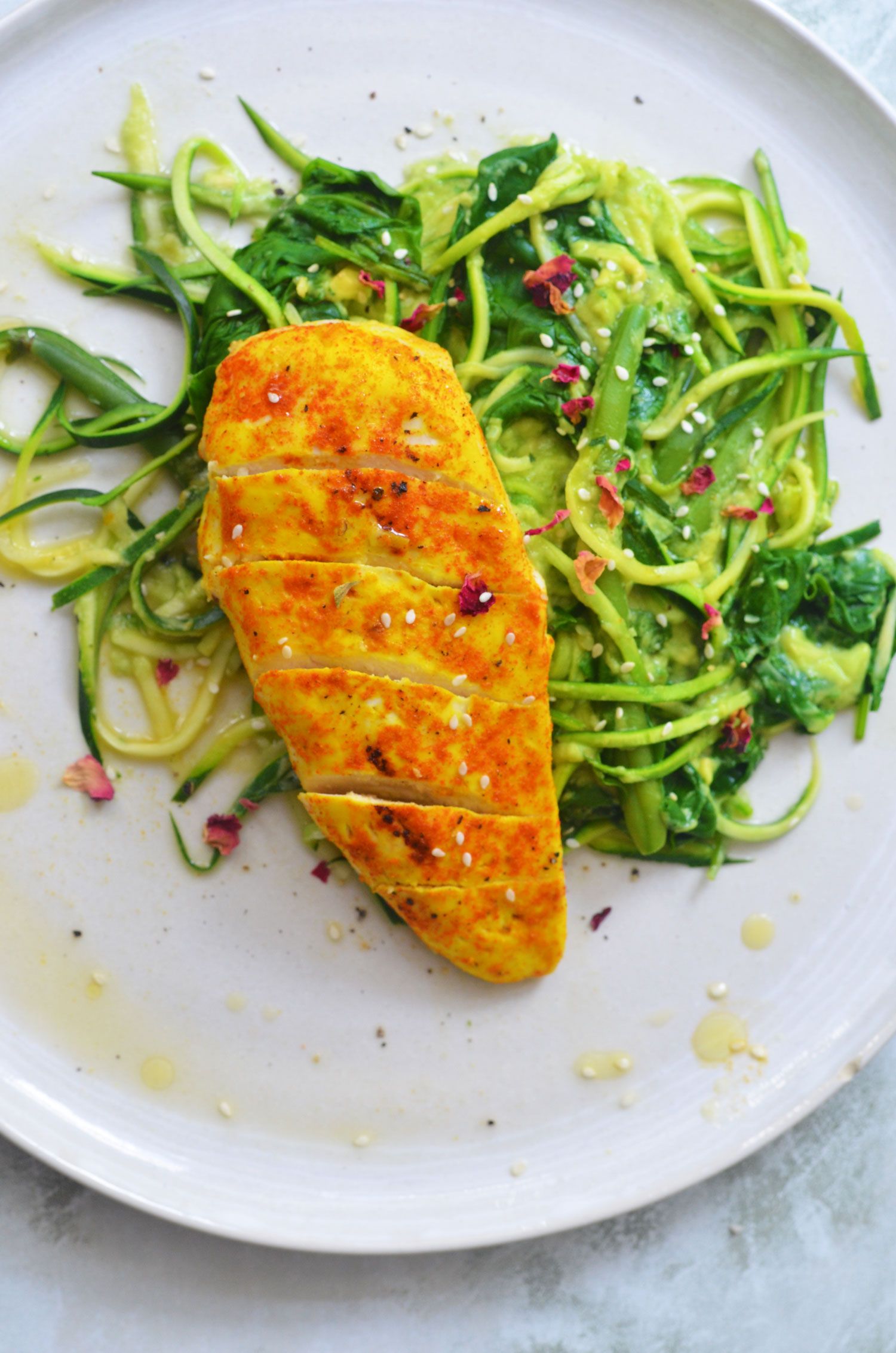 Spiced Grilled Chicken With Warm Greens in Avocado Sauce