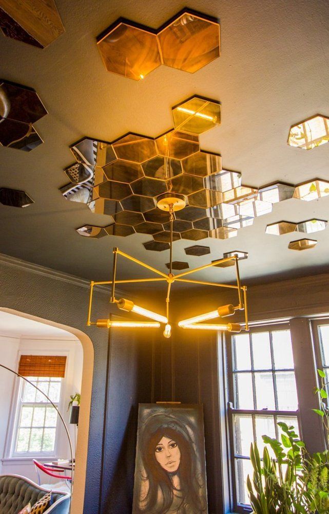 Lauren's Bright & Bold Chicago Apartment — House Tour | Apartment Therapy Mirror Ceiling, Ceiling Art, Ceiling Panels, Mirror Mirror, Ceiling Tiles, Mirror Tiles, Mirror Glass, Hexagon Mirror Wall Decor, Dark Ceiling
