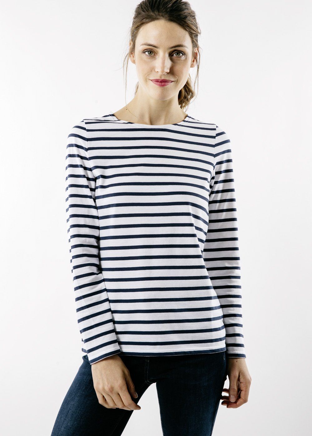 Women Navy White Stripe Breton Top Long Sleeve T-Shirt TShirt Tee Sailor French