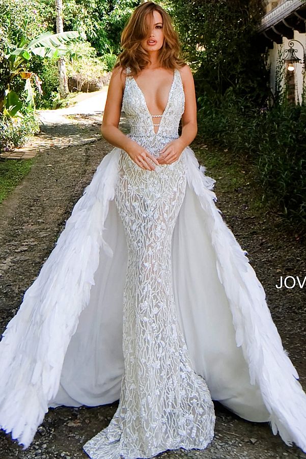 Jovani S62942 | Off White Beaded Feather Skirt Gown in 2021 | Fitted