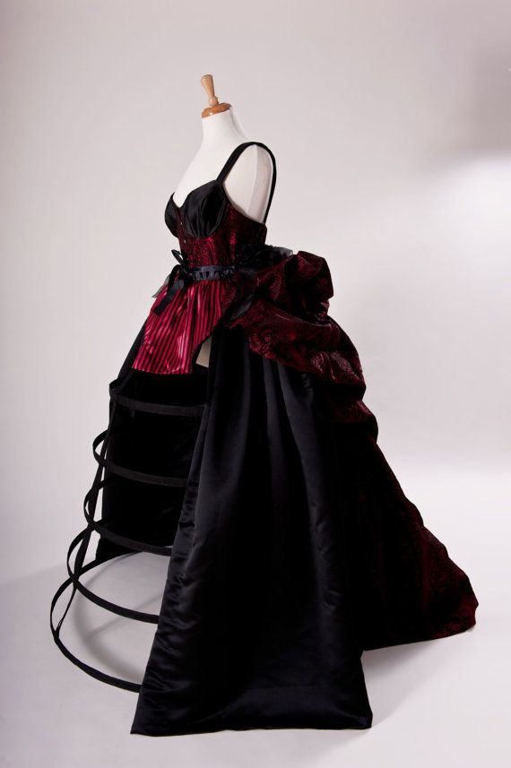 Gothic Wedding Gown Victorian Bustle Cage Hoop Skirt Skull Brocade