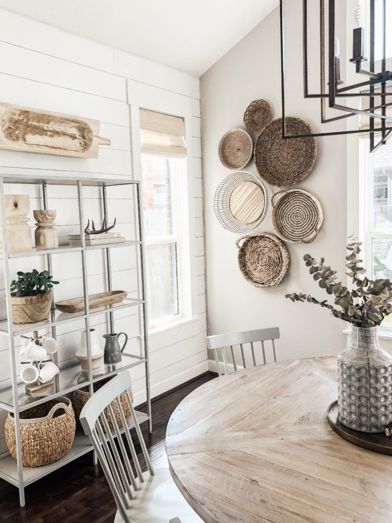 Interior Paint Colors - The Blooming Nest Boho Farmhouse Dining Room, Farmhouse Interior, Farmhouse Living, Dining Room Decor, Living Decor, Basket Wall Decor Modern Farmhouse, Basket Walls Boho Living Room, Farm House Living Room, Farmhemian Living Room