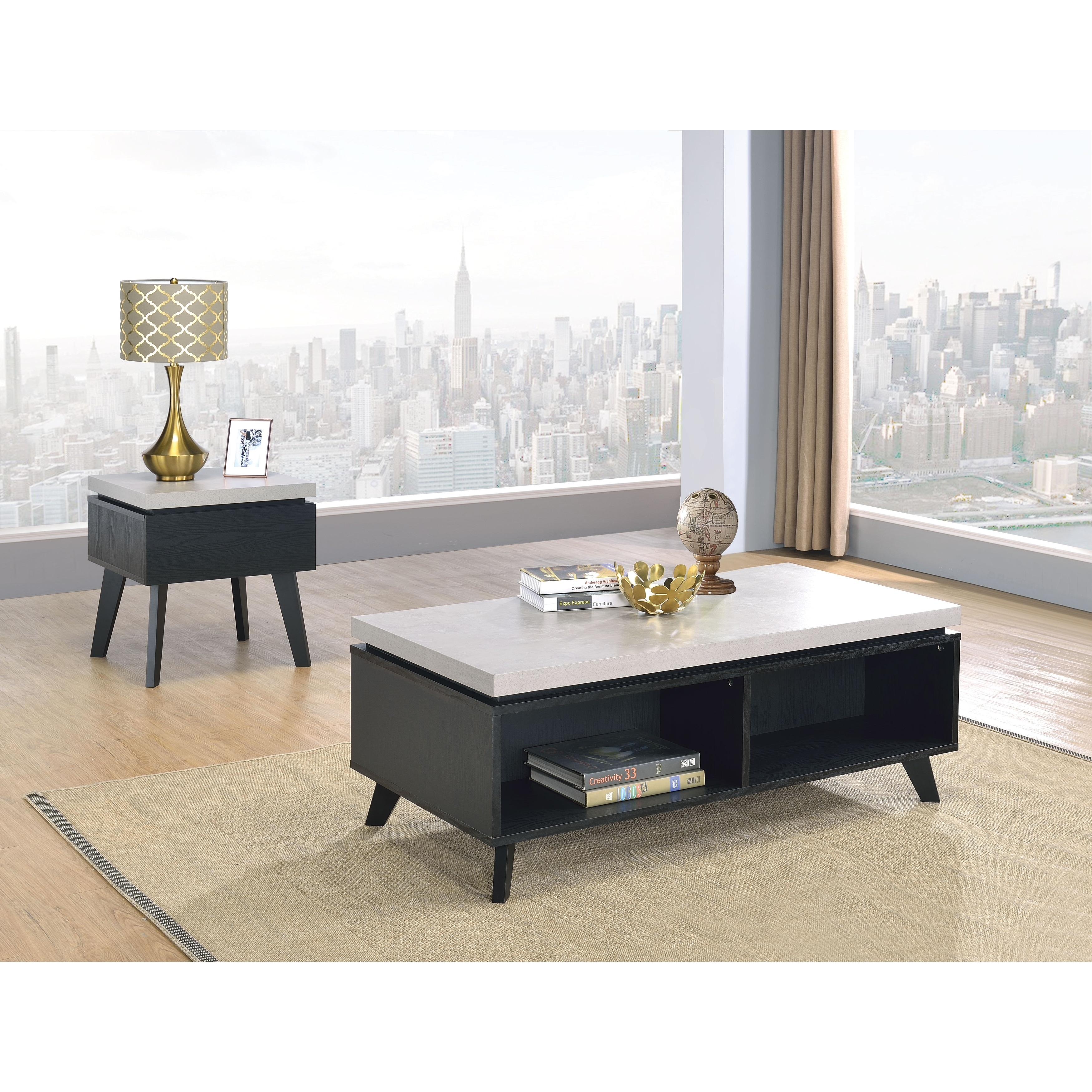 Wooden Coffee Table With Faux Concrete Top And Tapered Legs White