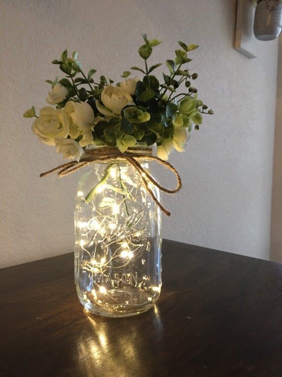 Quart Size Mason Jar with Fairy Lights and Flowers Quart Size Mason Jar with Fairy Lights and Flowers
