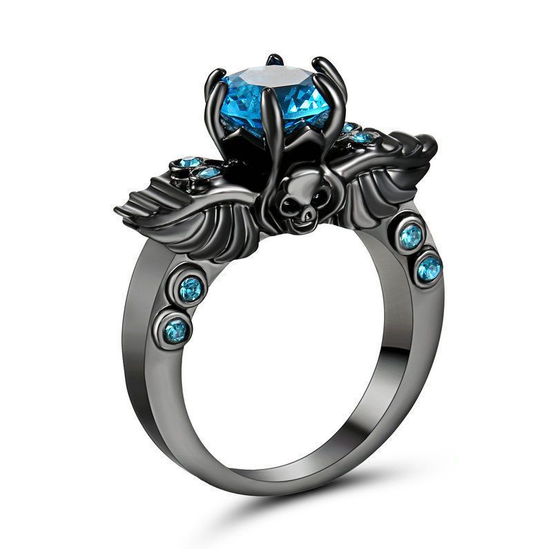 Ladies Badass Black Platinum Aqua Blue Skull Ring Size 6 Band