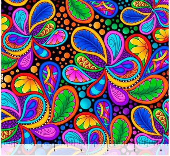 Painted Horse Tail Brights on Black By The yard x 43 inches cotton fabric