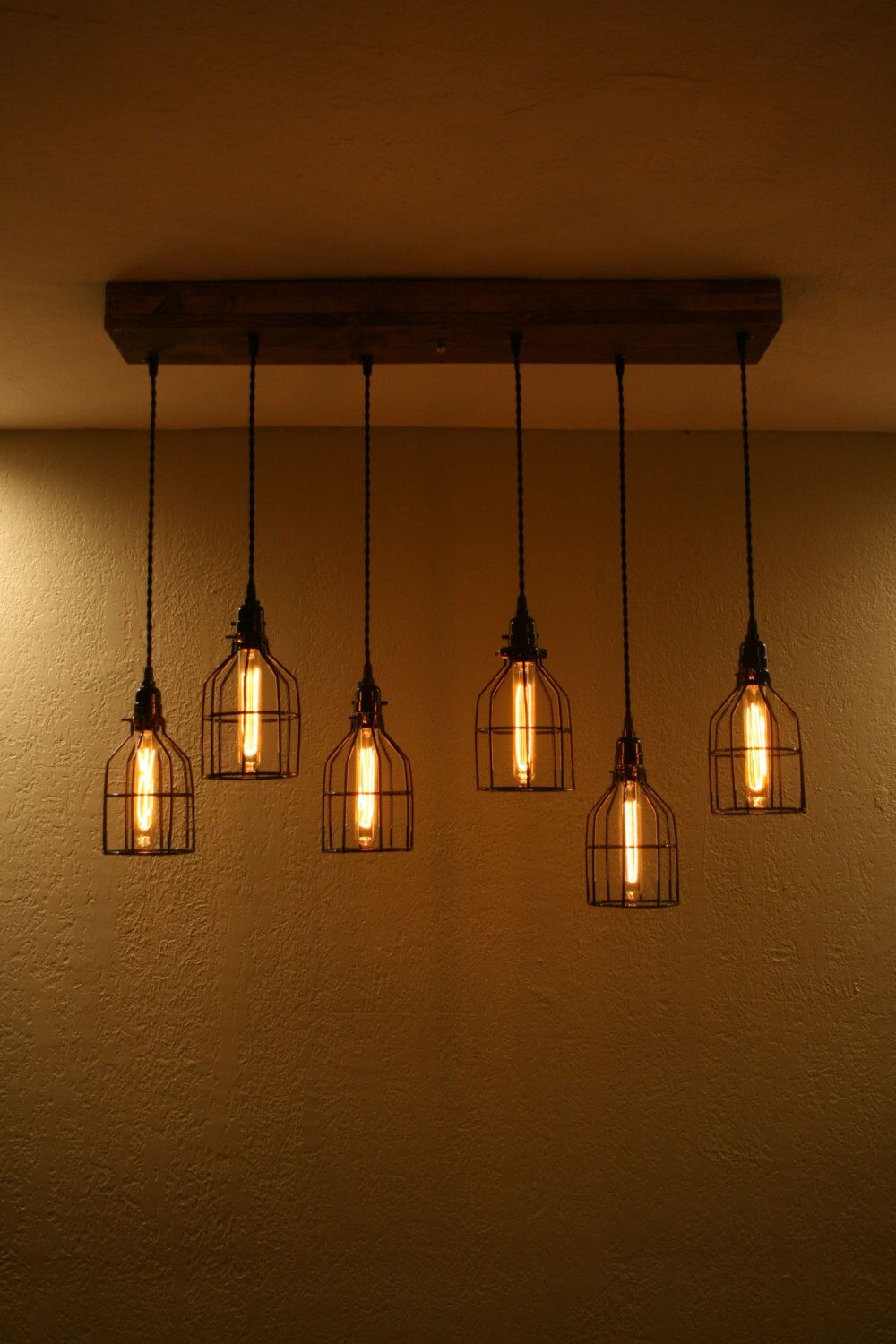 industrial chandelier 6 cage ceiling fixture with 36 wood mount