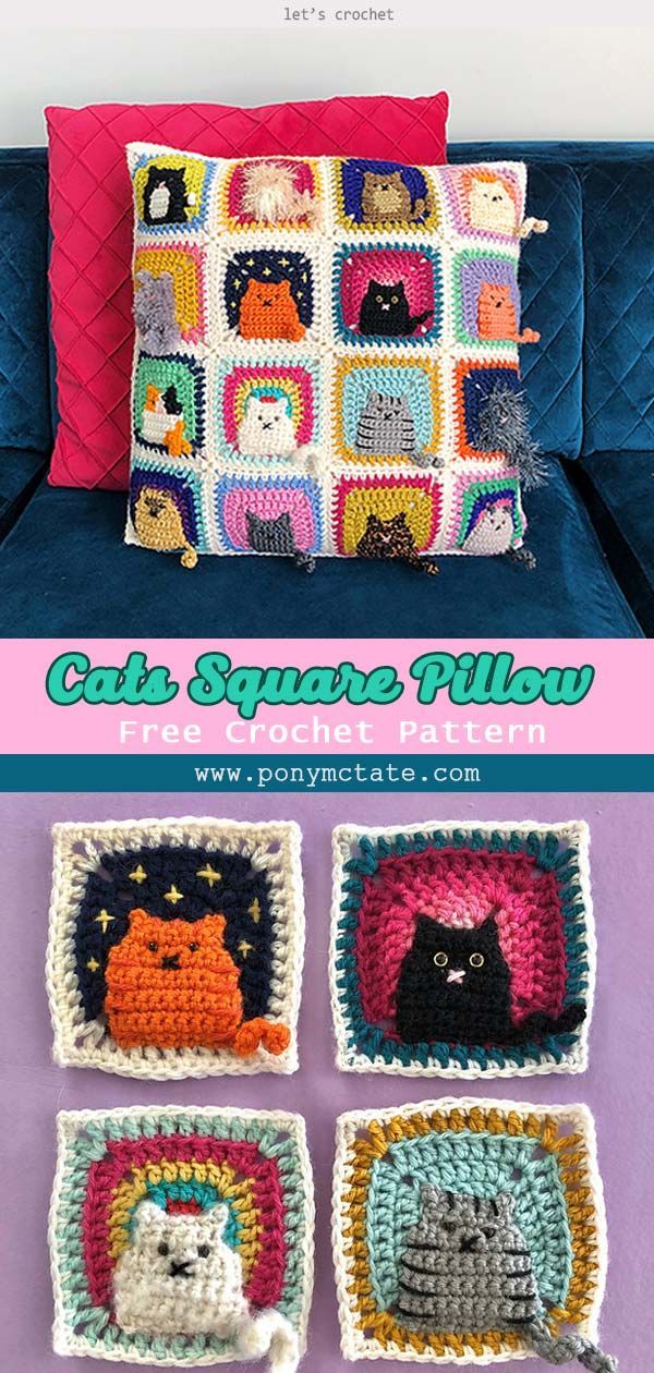 Many Cats Square Pillow Free Crochet Pattern