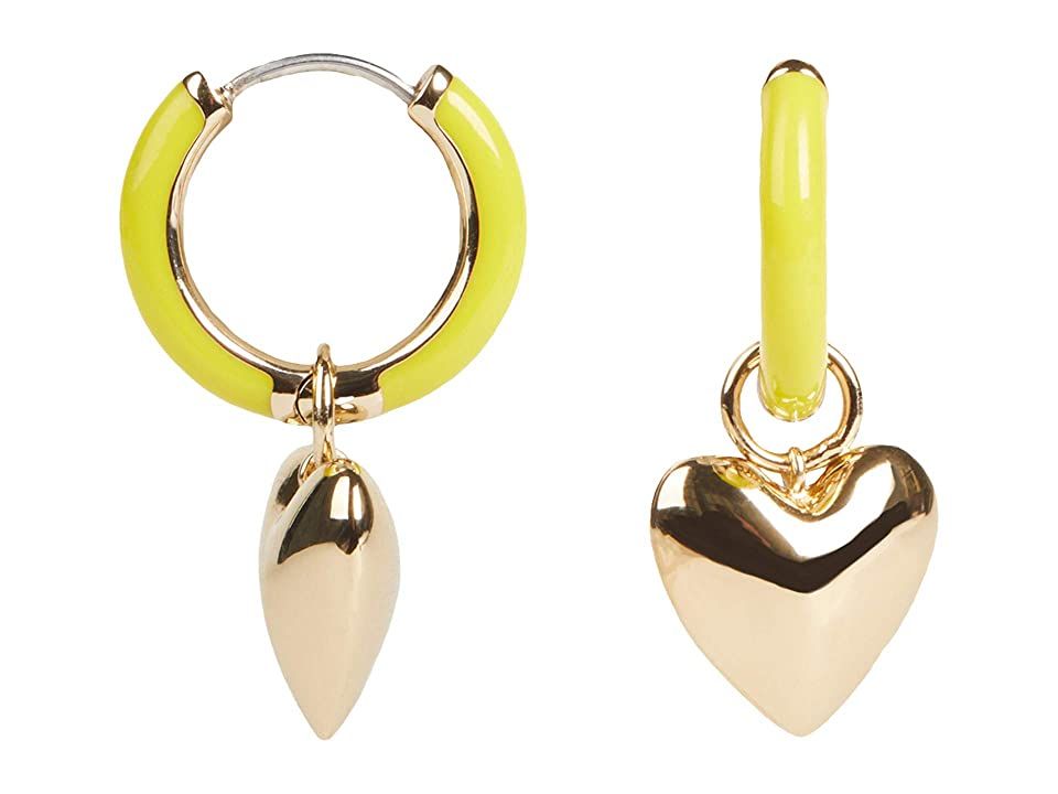 18K Yellow Gold Pink and Blue Enamel Heart Dangle Earrings