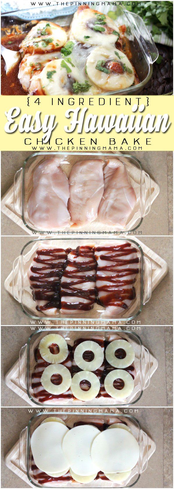 Hawaiian Chicken Bake Recipe - Only 4 ingredients and 4 steps to get it made and in the oven ready for a quick weeknight dinner idea! Baked Chicken Recipes Easy, Easy Baking Recipes, New Recipes, Cooking Recipes, Healthy Recipes, Casseroles Healthy, Hawaiian Chicken Recipes, Quick Baking, Bon Appetit