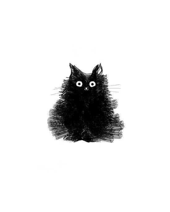 Black Cat Drawing Illustration Cute Surprised Fluffy Kitty Print - Duster #black