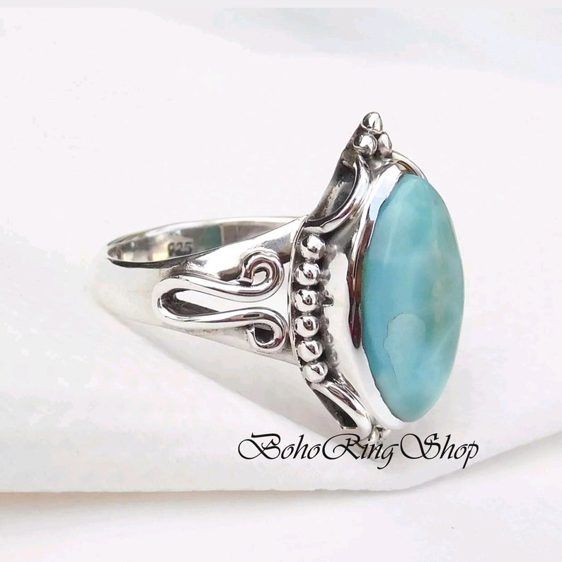 Larimar Sterling Silver Ring Handmade Ring Fashion Ring Woman Ring Birthstone Ring 925 Sterling Silver Gift Ring Statement Ring
