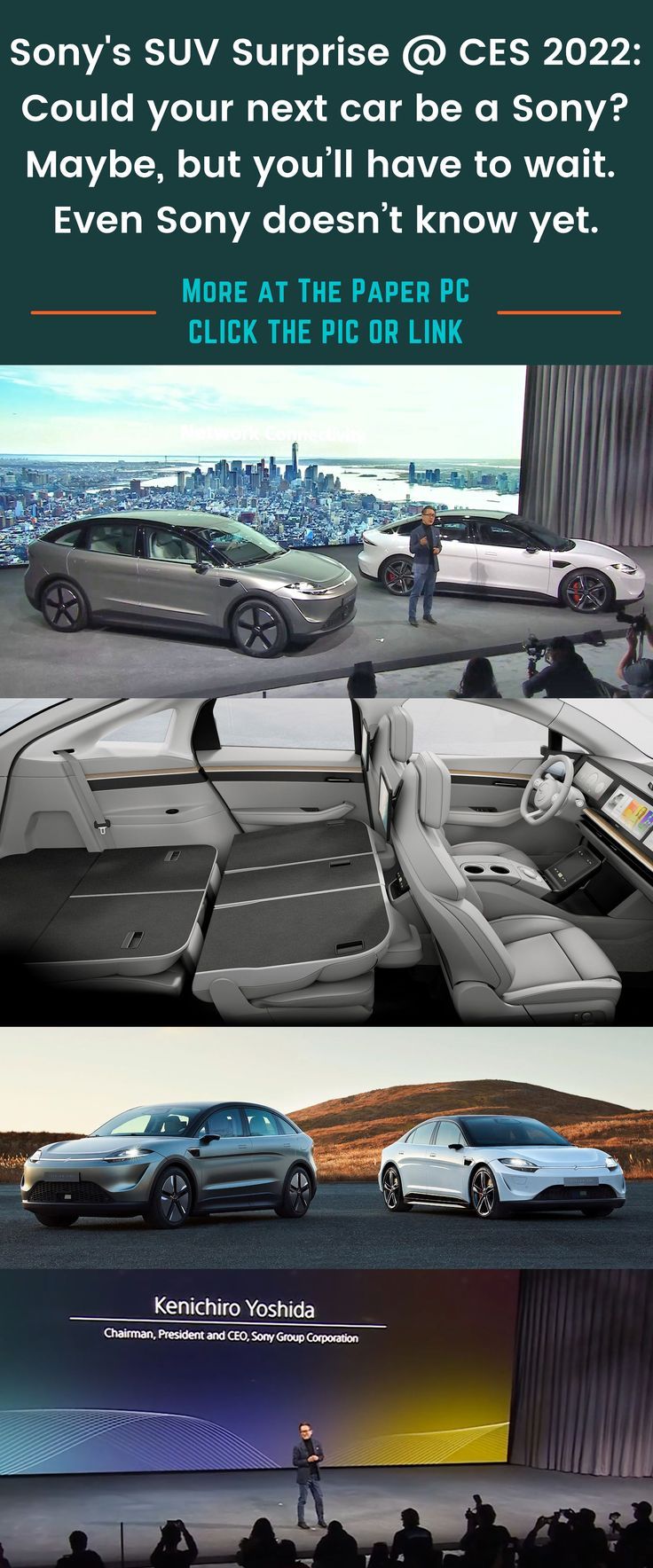 Could your next car be a Sony? Possibly, but you’ll have to wait a bit. Even Sony doesn’t know yet. Read more at The Paper PC: CES 2022: Sony's Electric SUV Surprise CLICK THE PIC OR LINK #CES2022 #CES #Sony #SonyCES Cool Tech, Sony, Corporate, Surprise, Paper, Electric, Projects, Log Projects, Blue Prints