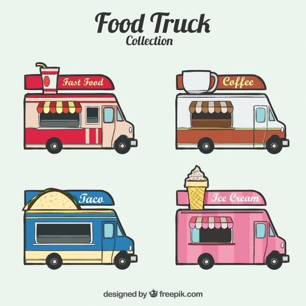 Colorful food trucks with hand drawn sty... | Free Vector #Freepik #freevector #food #vintage #coffee #hand Food Truck Party, Food Trucks, Ice Truck, Ice Cream Truck, Bible Food, Food Drawing, Drawing Ideas, Food Truck Business, Colorful Food