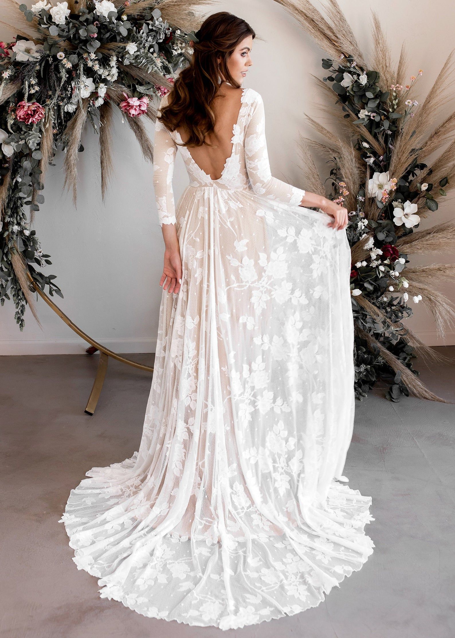 Long Sleeve Wedding Dress, Open Back Wedding Dress, Low Back Wedding