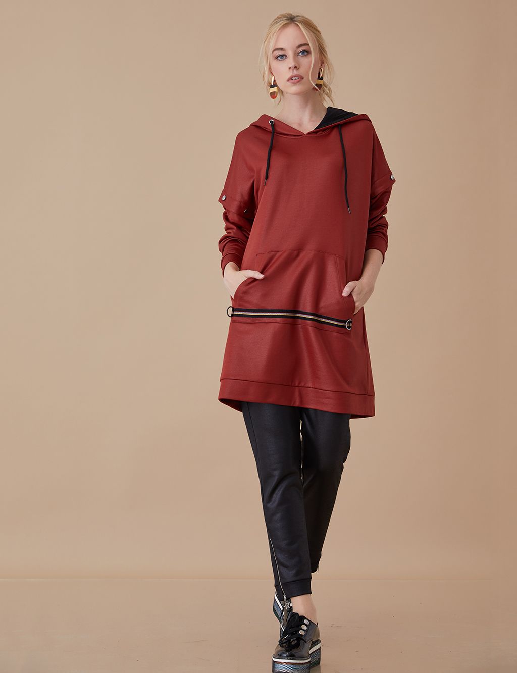 dusuk takma kol kapsonlu tunik kiremit a8 21171 kayra online street style chic casual chic casual looks