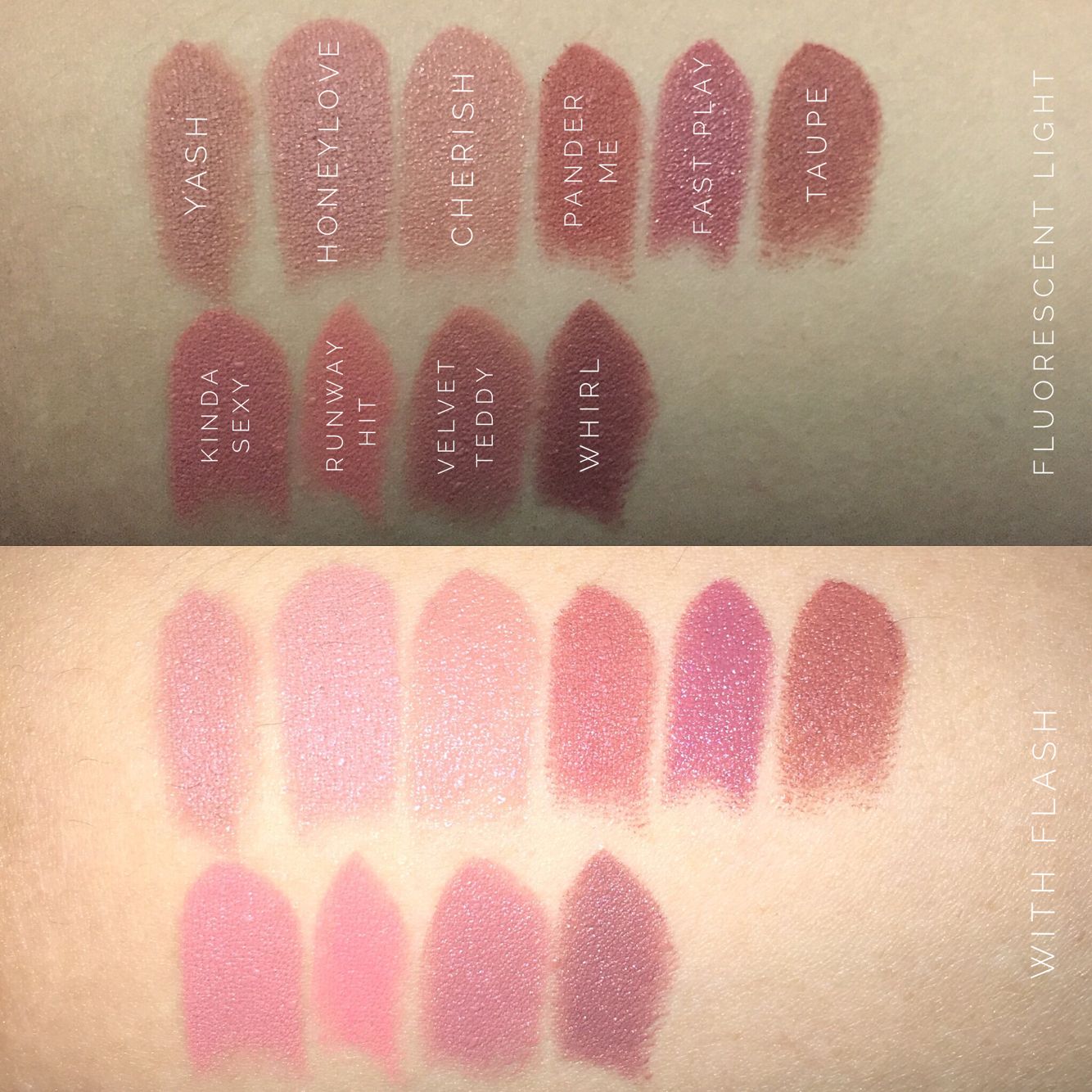 MAC Cosmetics lipsticks (L-R): TOP: Yash (matte), Honeylove (matte